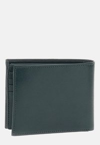 Dark green leather wallet with textured finish, bi-fold design, multiple card slots, and visible stitching along the edges.