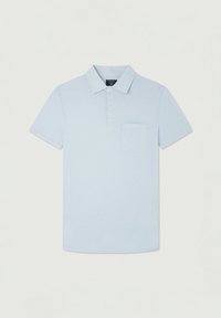 Svetlo modré polo tričko s golierom, trojčuprikový zapínaním, krátkymi rukávmi a vreckom na ľavej hrudi. Vyrobené z bavlny s textúrovaným povrchom.