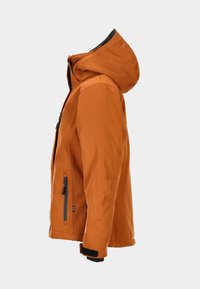 Orange Jacke mit Kapuze, seitlichen Reißverschlusstaschen und einer glatten Textur. Mit schwarzen Akzenten und einer figurschmeichelnden Passform.