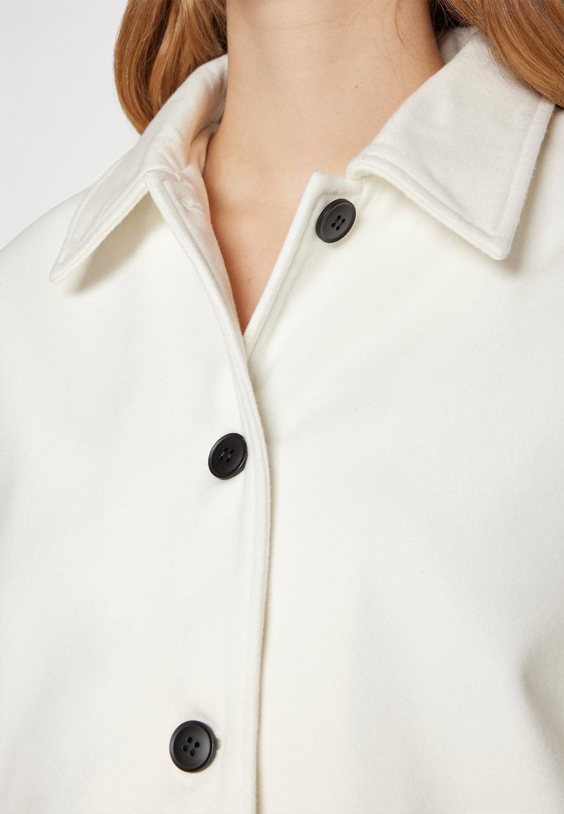 Chaqueta de forro blanco con un cuello clásico, botones negros y una textura suave. Acercamiento al detalle del cuello y los botones.