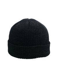 Berretto di lana nero lavorato a maglia con trama a coste, corona arrotondata e risvolto. Realizzato in un materiale morbido ed elastico.