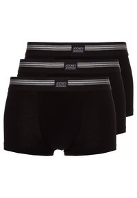 Schwarze Baumwoll-Boxershorts mit einem weichen, elastischen Bund, der mit grauen Streifen und einem Logolabel versehen ist. Drei Paare sind zusammen ausgestellt.