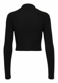 Musta lyhythihainen crop-top, joka on valmistettu ribbikankaasta. Siinä on kaulus ja tiukka malli, jossa on sileä rakenne ilman näkyviä kuvioita.
