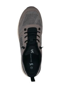Athletic shoe in gray and black mesh, featuring a padded tongue, adjustable lace-up closures, and a textured sole for grip.