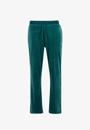 Pantaloni da tuta in velluto teal con tasche laterali, cintura elastica, cordino, cuciture verticali e piccolo logo ricamato sulla coscia alta.