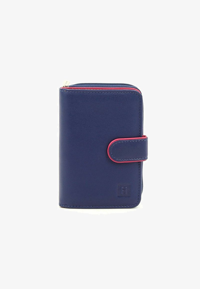 Navy blue synthetic leather wallet with pink accents, zip closure, and a front snap button. Compact, rectangular shape with visible stitching.