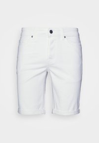 Pantalones cortos de mezclilla blanca con dobladillo doblado, que cuentan con cinco bolsillos y un cierre de botón en la parte delantera. Textura suave y diseño clásico de mezclilla.