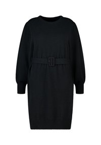 Zwarte gebreide jurk met een ronde halslijn, lange mouwen en een tailleband. Heeft ribgebreide boorden en een zoom, wat een ontspannen silhouet creëert.