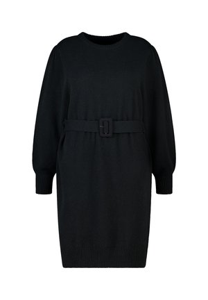Zwarte gebreide jurk met een ronde halslijn, lange mouwen en een tailleband. Heeft ribgebreide boorden en een zoom, wat een ontspannen silhouet creëert.