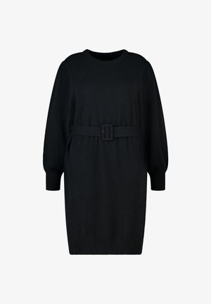 Zwarte gebreide jurk met een ronde halslijn, lange mouwen en een tailleband. Heeft ribgebreide boorden en een zoom, wat een ontspannen silhouet creëert.