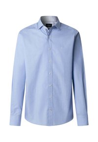 Světle modrá pánská košile s dlouhým rukávem, zapínáním na knoflíky vpředu, klasickým límečkem a jemně vyšitým logem na hrudi.