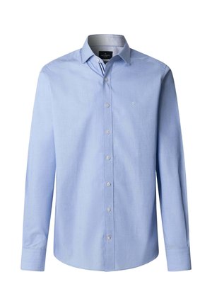 Lichtblauw herenoverhemd met lange mouwen, knoopsluiting aan de voorkant, klassieke kraag en een subtiel geborduurd logo op de borst.