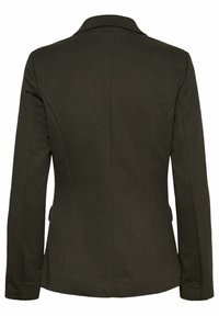 Blazer vert foncé sur mesure avec manches longues, une couture au dos et un col structuré, montré de dos.