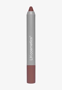 Kredka do ust w szarym opakowaniu z matowym wykończeniem i zaokrąglonym, burgundowym końcem. Zawiera nadrukowane logo: "LH cosmetics." Gładka tekstura.