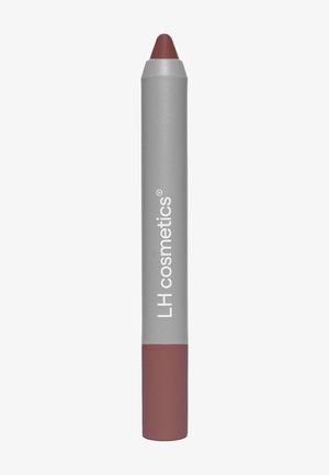 Läppkrayon i ett grått hölje med matt yta och en rundad, burgundisk spets. Innehåller tryckt varumärke: "LH cosmetics." Slät textur.