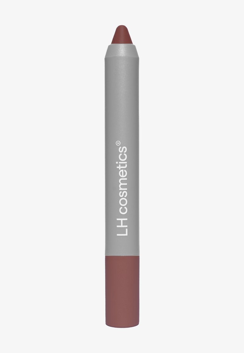Kredka do ust w szarym opakowaniu z matowym wykończeniem i zaokrąglonym, burgundowym końcem. Zawiera nadrukowane logo: "LH cosmetics." Gładka tekstura.