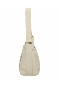 Borsa a tracolla in pelle beige con una forma morbida e arrotondata, una sola tracolla, cuciture minime e una texture liscia. Senza dettagli in metallo evidenti.