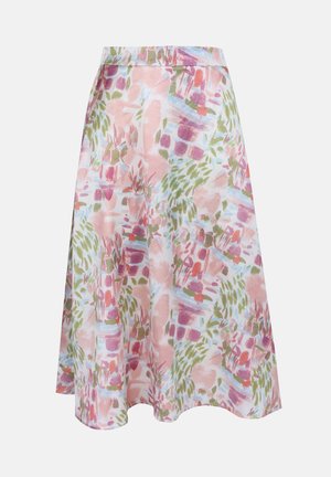 Φούστα γραμμής Α μήκους μέχρι το γόνατο με ψηλή μέση, με αφηρημένο λουλουδάτο σχέδιο σε παστέλ ροζ, πράσινα, μοβ και ανοιχτό μπλε χρώματα σε λευκό φόντο.