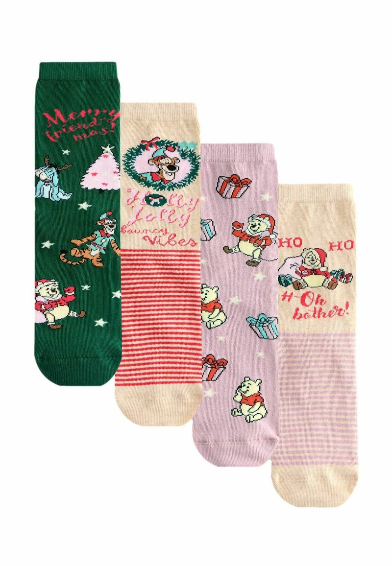 Four pairs of socks: green with festive characters, cream with a wreath, pink with gifts, and striped accents, all in soft cotton blend.