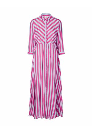 Roze en lichtblauw gestreepte jurk, met knoopsluiting aan de voorkant, driekwartmouwen, nauwsluitend lijfje, uitlopende rok, lichtgewicht stof.