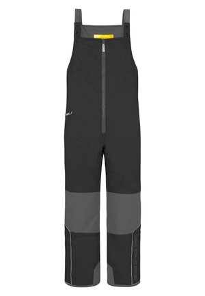 Pantalons bretelles isolés noirs et gris avec des bretelles réglables, fermeture éclair à l'avant et accents réfléchissants. Fabriqués en matériau lisse et imperméable.