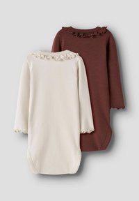 Zwei langärmelige Bodysuits in Creme und Dunkelbraun, mit gerafften Ausschnitten und Ärmelabschlüssen, aus weicher, dehnbarem Baumwolle.