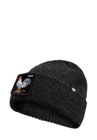 Schwarze Strickmütze mit Umschlag, die ein farbig gesticktes Hahn-Patch und ein kleines Logotag an der Seite hat.