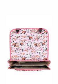 Roze tas met een speelse print van paarden, harten en leuke motieven. Bevat een zachte binnenkant en twee ruime compartimenten.