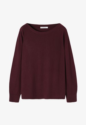 Top lung cu mânecă lungă în nuanță burgundy, realizat dintr-un material moale, având un decolteu larg și manșete ajustate. Design simplu, fără modele sau embellismente vizibile.