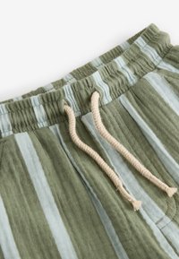 Pantalones cortos a rayas en verde y azul claro, con una tela texturizada, cinturilla elástica y cordón beige.