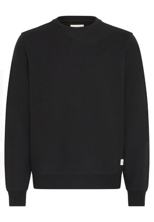 Effen zwarte sweatshirt met ronde hals, lange mouwen en geribbelde manchetten en zoom, met een klein wit label nabij de rechteronderkant.