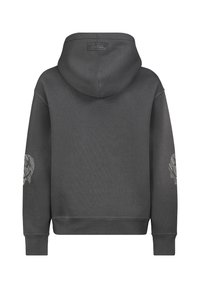 Donkergrijze hoodie van zachte stof, met een grote capuchon, geribde manchetten en een schedelpunt op beide mouwen.