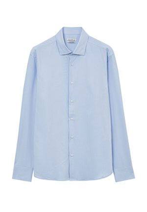 Camicia a maniche lunghe blu chiaro con chiusura a bottoni, realizzata in tessuto testurizzato, dotata di colletto a punta e polsini con bottone singolo.