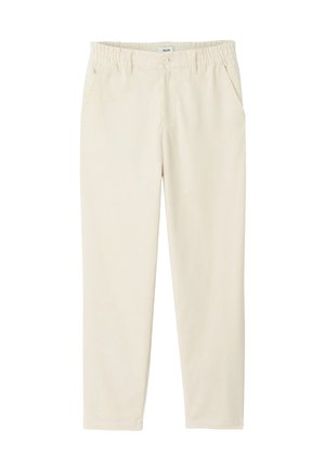 Pantalon en velours côtelé beige avec une coupe décontractée, taille élastique, poches avant et bouton de fermeture. Texture côtelée verticale sur l'ensemble.
