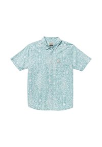 Short-sleeve, light blue shirt made of fabric with a white abstract pattern, featuring a button-down collar and a chest pocket with a logo.