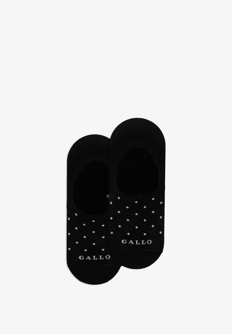 Calzini neri a taglio basso con motivo a pois grigio chiaro e logo. Realizzati in materiale morbido con una texture liscia.