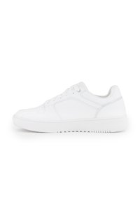 White athletic sneaker with smooth leather upper, round toe, and lace-up front. Features a textured rubber sole for grip. Simple design.