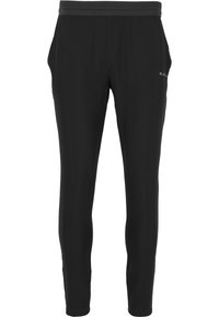 Schwarze Sporthosen aus dehnbarem Material, mit elastischem Bund, Seitentaschen und schlankem Schnitt, der dezente Branding auf der Seite aufweist.