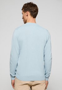 Jasnoniebieski sweter wykonany z miękkiej dzianiny, z długimi rękawami, okrągłym dekoltem oraz ściągaczami przy rękawach i dole.