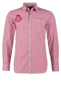 Chemise à manches longues en vichy rouge et blanc, boutonnée à l'avant, poche unique, détail brodé sur la poitrine, tissu contrastant sur le col et la patte de boutonnage.