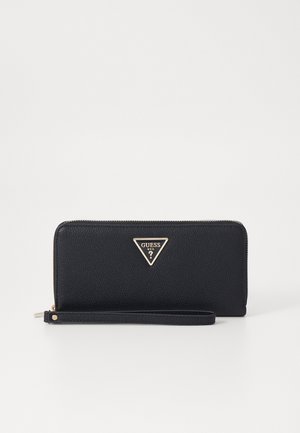 Black leather wallet with a textured surface, featuring a gold triangular logo and a zipper closure, complete with a wrist strap.
