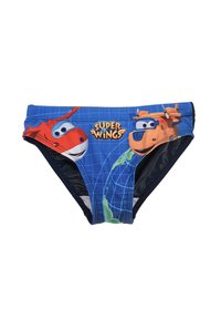 Boys' swim briefs in blue, featuring cartoon planes. The design includes the text "Super Wings" and a grid pattern. Made from stretch fabric.