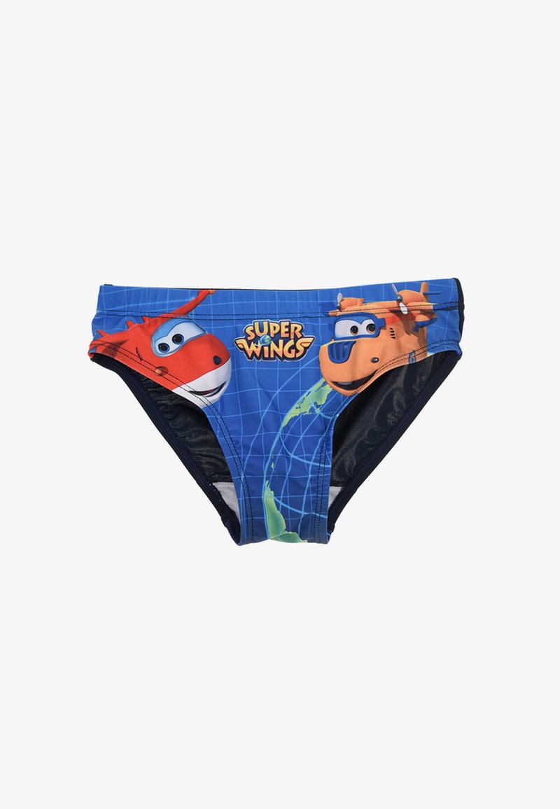 Jungen-Schwimmslip in Blau mit Cartoon-Flugzeugen. Das Design enthält den Text "Super Wings" und ein Karomuster. Aus dehnbarem Material gefertigt.
