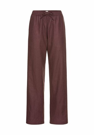 Wide-leg, burgundy pants with a drawstring waistband, made from lightweight fabric. Smooth texture with a casual, relaxed design.