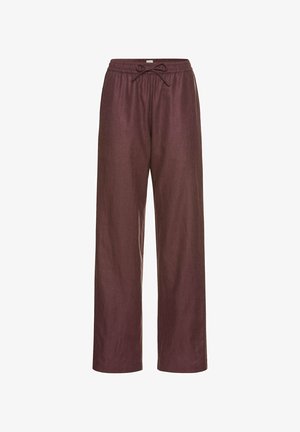 Bordeaux brede broek met een trekkoord in de taille, gemaakt van lichte stof. Een gladde textuur met een casual, ontspannen ontwerp.