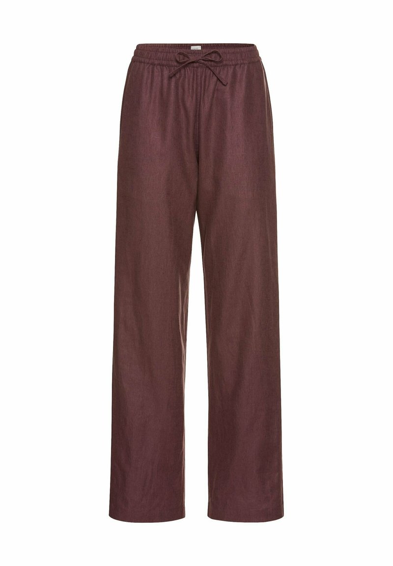 Wide-leg, burgundy pants with a drawstring waistband, made from lightweight fabric. Smooth texture with a casual, relaxed design.