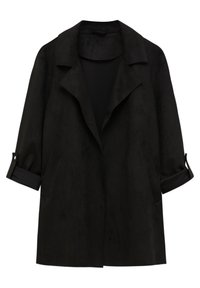 Manteau noir longueur genou avec larges revers, manches retroussées avec pattes à boutons, et poches latérales, présenté sur fond blanc.