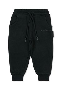 Pantalons de jogging noirs en tissu doux avec une taille élastique, un cordon de serrage, des poches latérales et des poignets côtelés. Affiche un logo à l'avant.