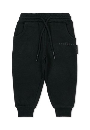 Pantaloni jogger neri realizzati in morbido tessuto con vita elastica, cordino, tasche laterali e polsini a coste. Presenta un logo sul fronte.