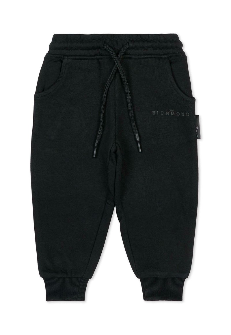 Pantalons de jogging noirs en tissu doux avec une taille élastique, un cordon de serrage, des poches latérales et des poignets côtelés. Affiche un logo à l'avant.